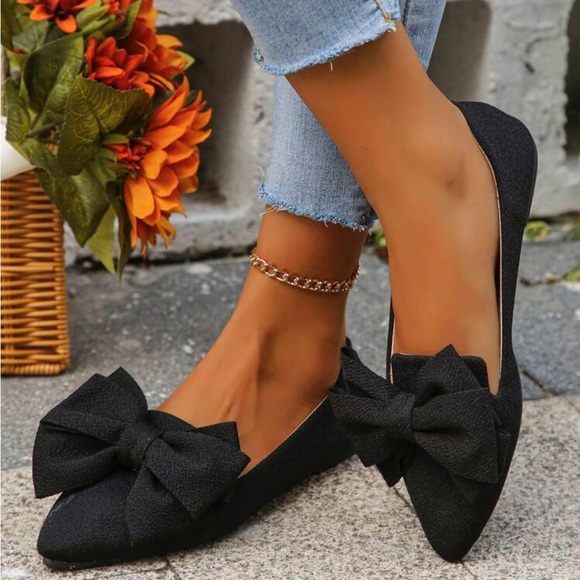 Women's Sweet Bowknot Autumn Shoes, Slip-on Black Flat Shoes With Pointed Toe - Picture 4 of 4